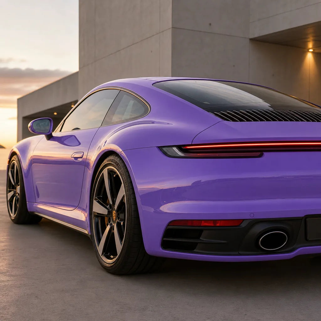 Luxury car wrapped in Ultra Lavender Purple Color PPF gloss colored PPF at golden hour | Veloro