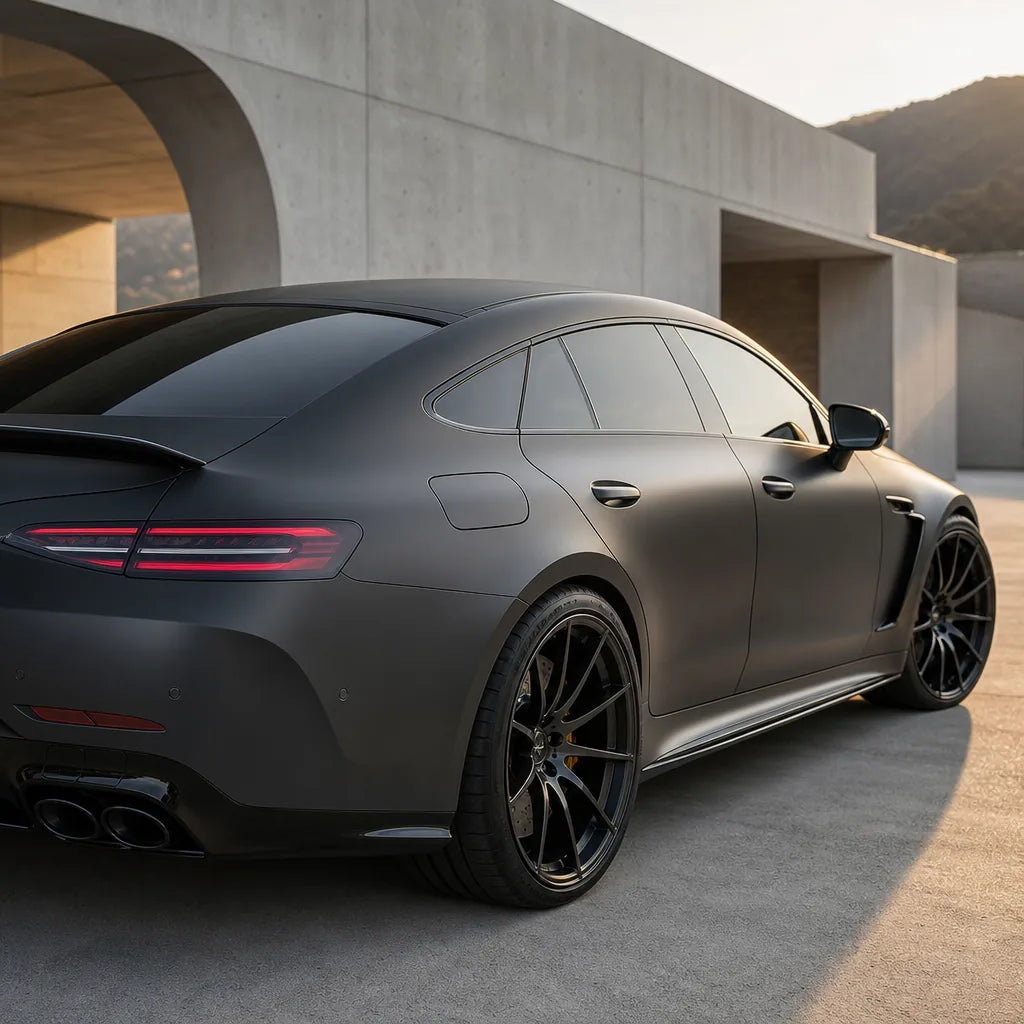 Luxury car wrapped in Ultra Black matte colored PPF at golden hour | Veloro