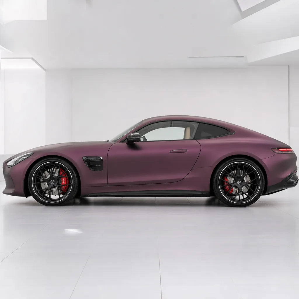 Ultra Chrome Purple matte colored PPF wrapped on a Mercedes-AMG GT side profile | Veloro