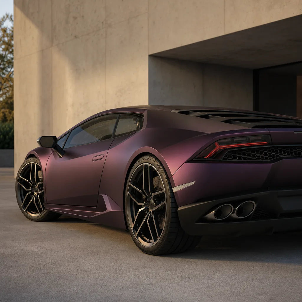 Luxury car wrapped in Ultra Chrome Purple matte colored PPF at golden hour | Veloro